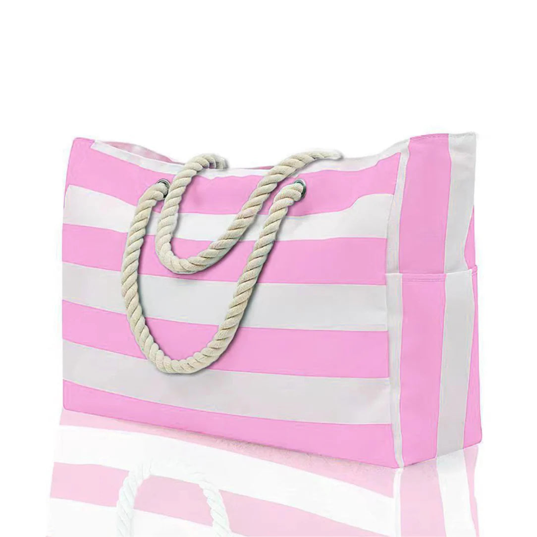 Sac de plage xxl MaxiBelle avec rayures roses et blanches, poignées en corde