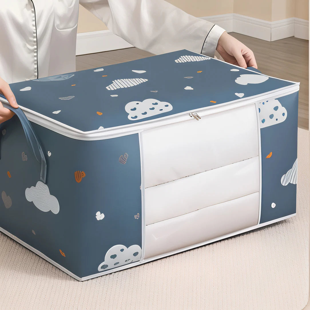 Sac de rangement couette avec format valise bleu et fenêtre transparente pour organisation