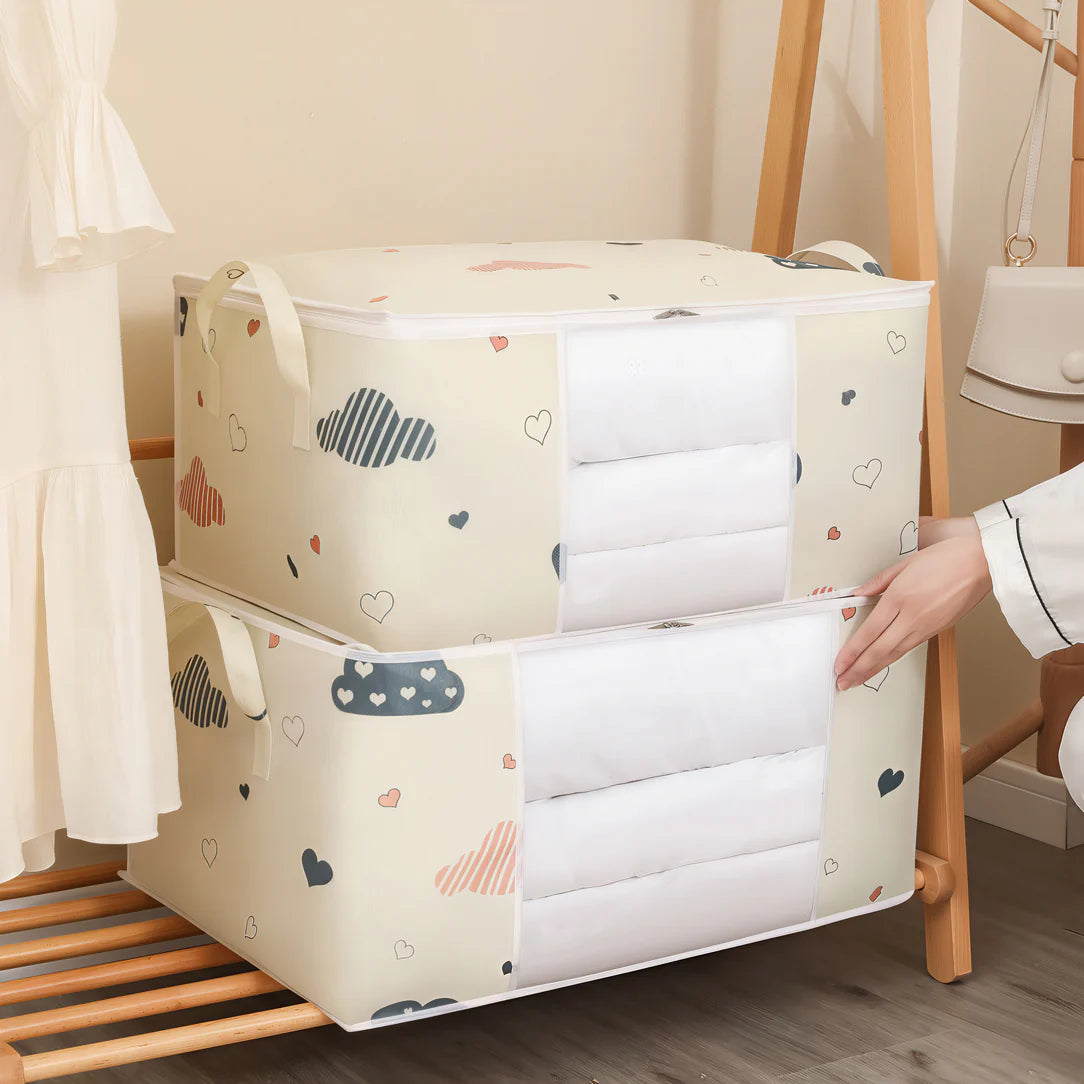 Sac de rangement couette avec format valise, tissu à motifs nuage et cœur, fenêtre transparente