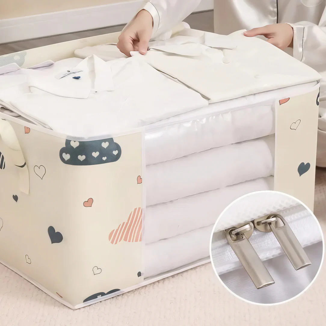 Sac de rangement couette en tissu avec motifs cœur, format valise, fenêtre transparente