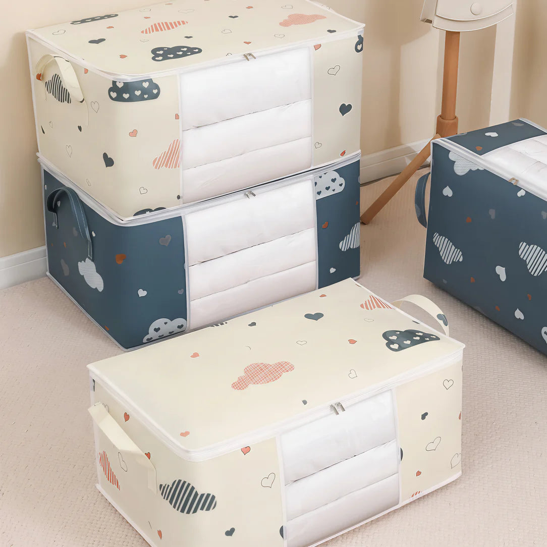 Sac de rangement couette avec containers en tissu à motifs nuage et cœur, format valise, fenêtre transparente