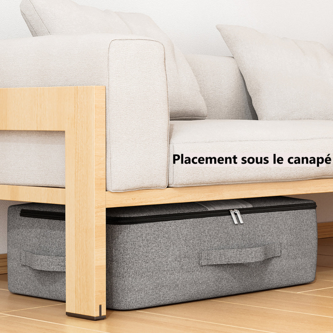 Conteneur de rangement gris avec ouverture zippée et fenêtre transparente sous lit