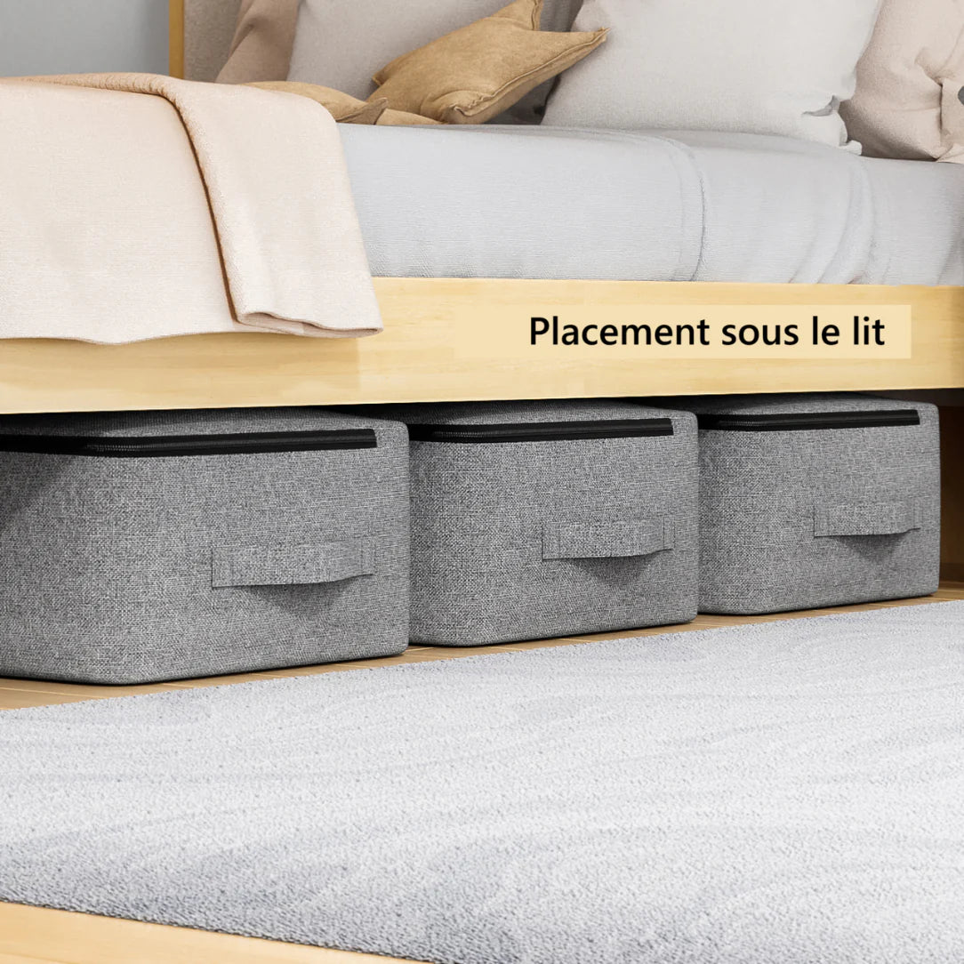 Sac de rangement pour vêtement sous lit gris avec ouverture zippée et fenêtre transparente