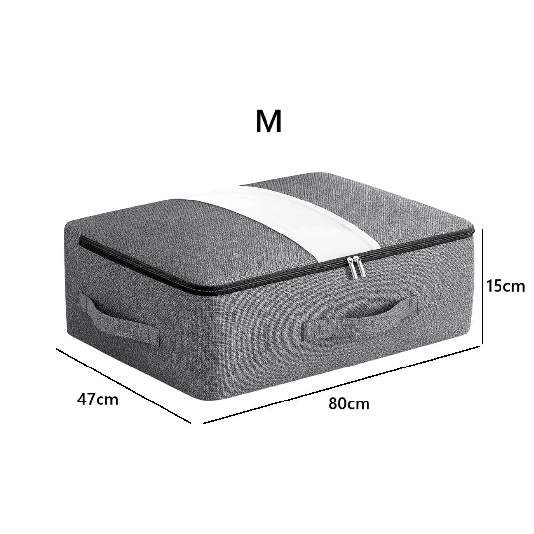Box de rangement en tissu gris avec ouverture zippée et fenêtre transparente pour vêtements