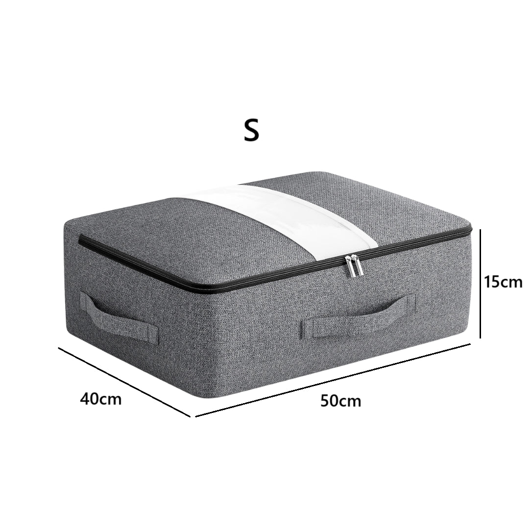 Boîte de rangement en tissu gris avec ouverture zippée et fenêtre transparente pour vêtements sous lit