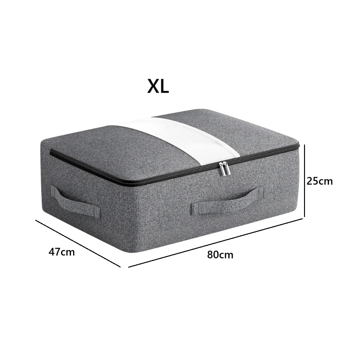 Sac de rangement pour vêtement sous lit en tissu gris avec ouverture zippée et fenêtre transparente