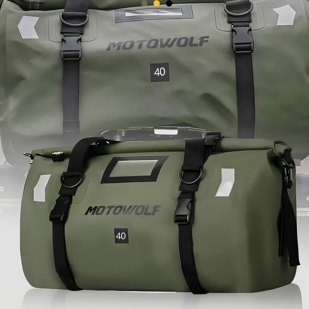 Sac de selle moto étanche olive vert avec bandoulière noire pour selle moto