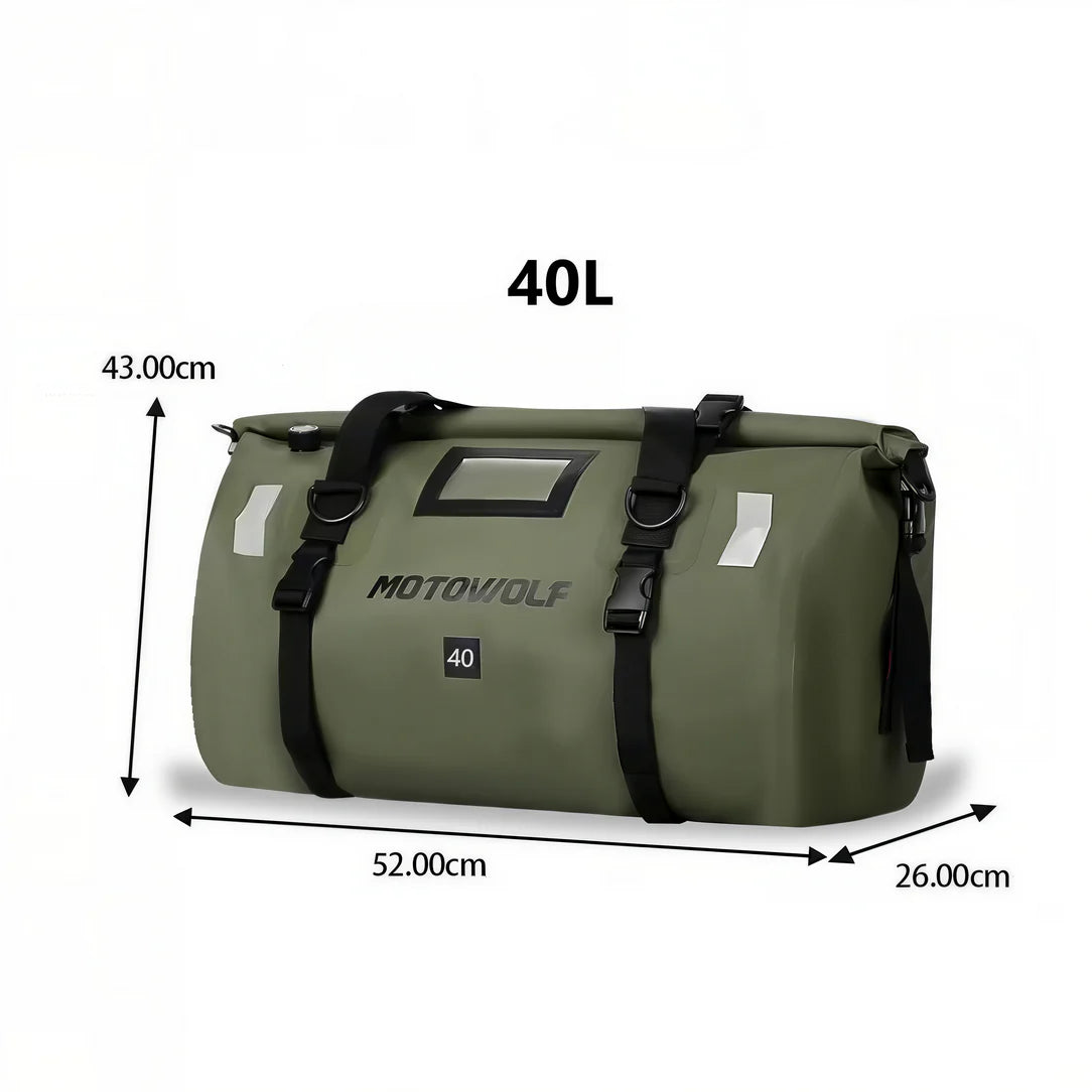 Sac de selle moto étanche olive green avec straps, idéal pour selle moto MotoWolf