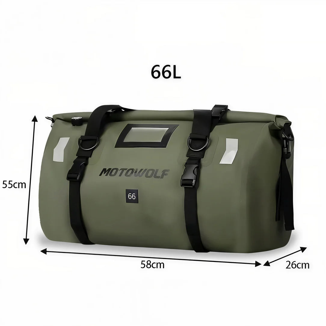 Sac de selle moto étanche en vert olives avec straps, parfait pour selle moto