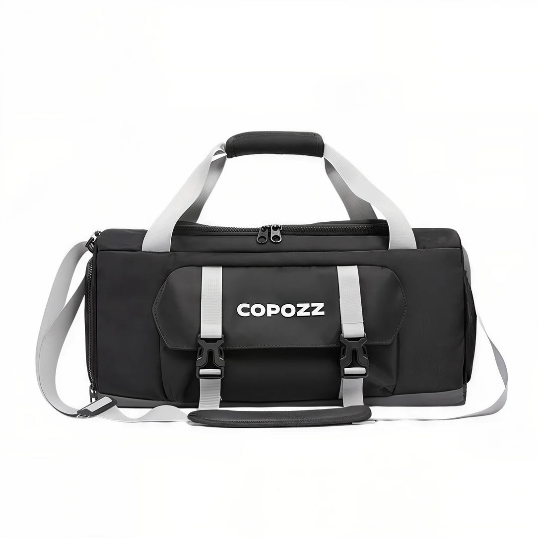 Sac de sport waterproof Copozz noir avec bandoulière grise pour sport et voyage