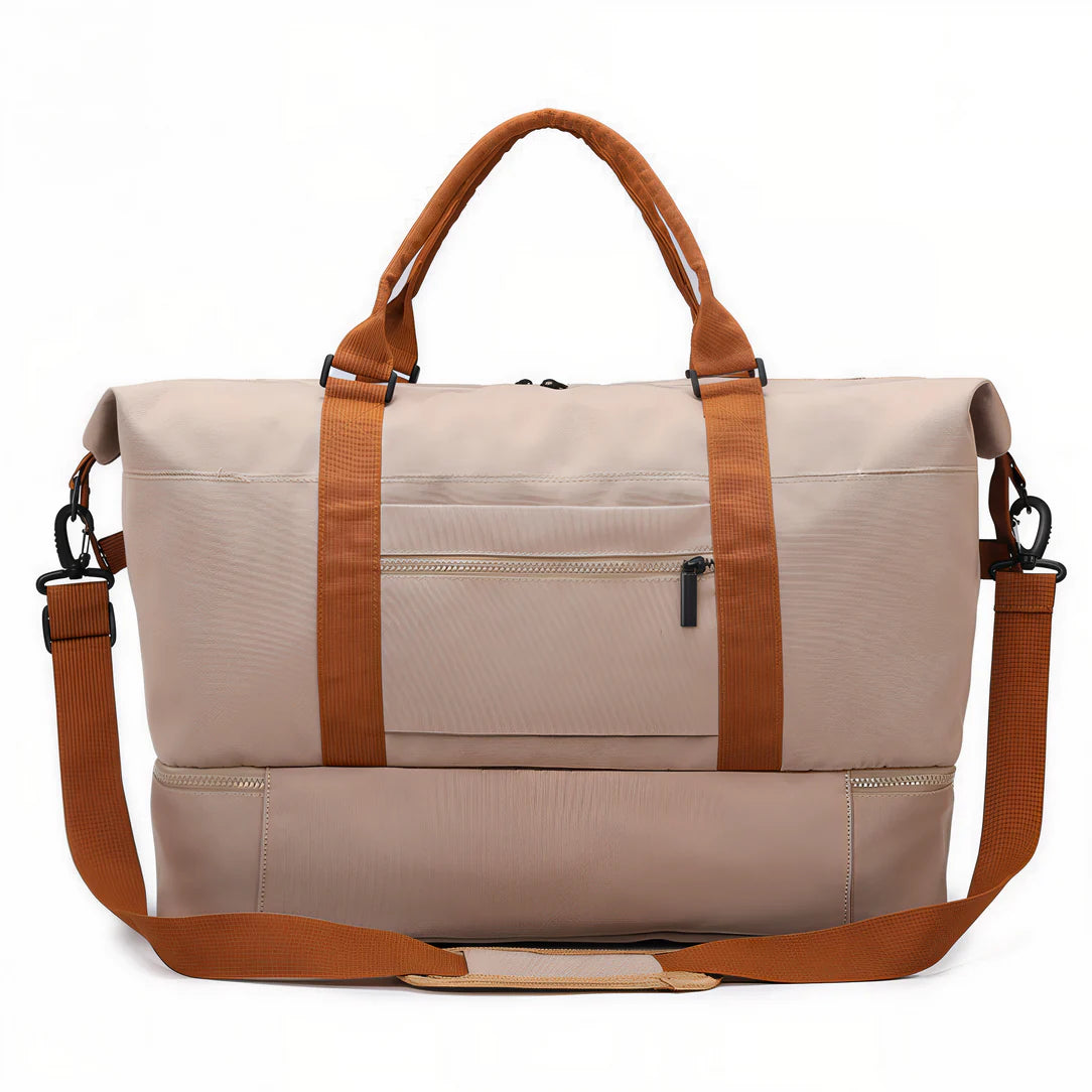 Sac de voyage cabine 45x36x20cm beige avec bandoulière brune, idéal pour voyage cabine