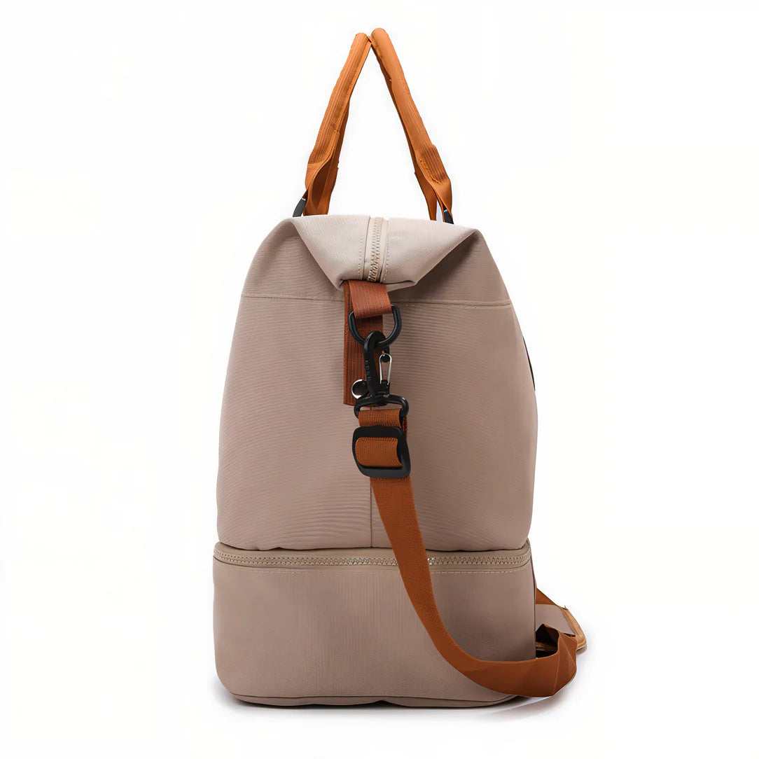 Sac de voyage cabine 45x36x20cm beige avec bandoulière en cuir marron