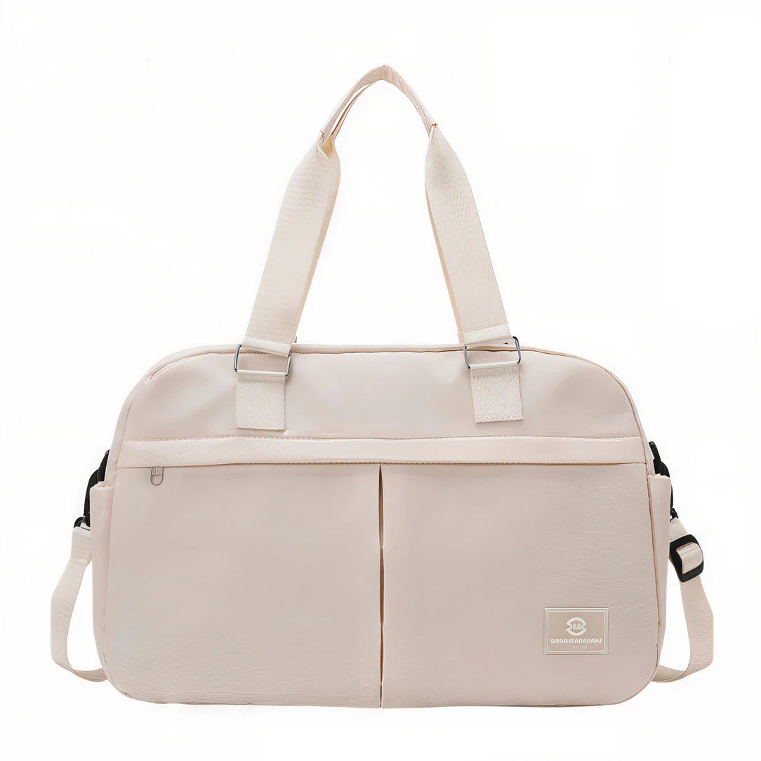Sac de voyage extensible Mobella en beige avec shoulder strap, valise souple élégante
