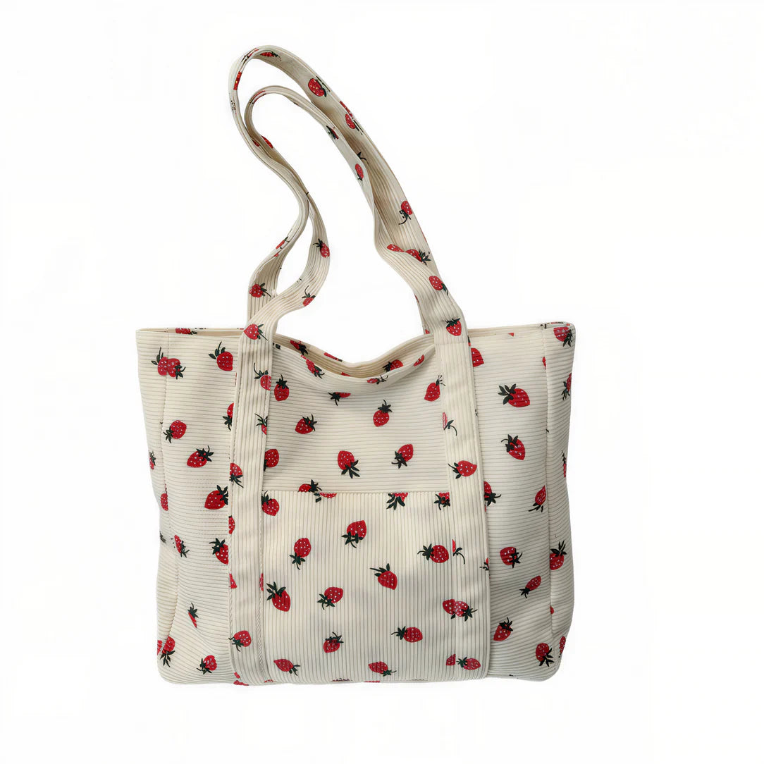 Sac fraise en velours côtelé à motif fraises pour un style tendance