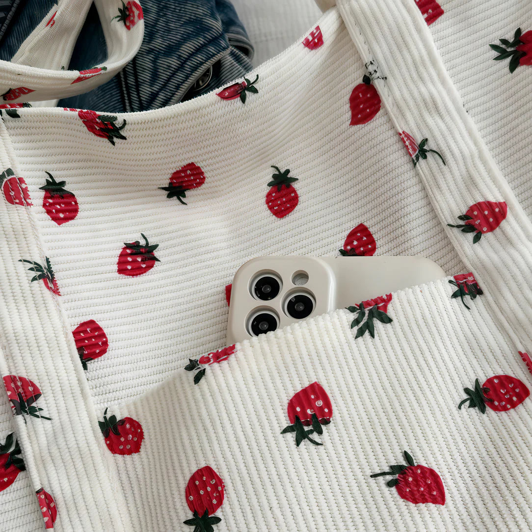 Sac fraise en velours côtelé avec motif fraise et poche pour téléphone