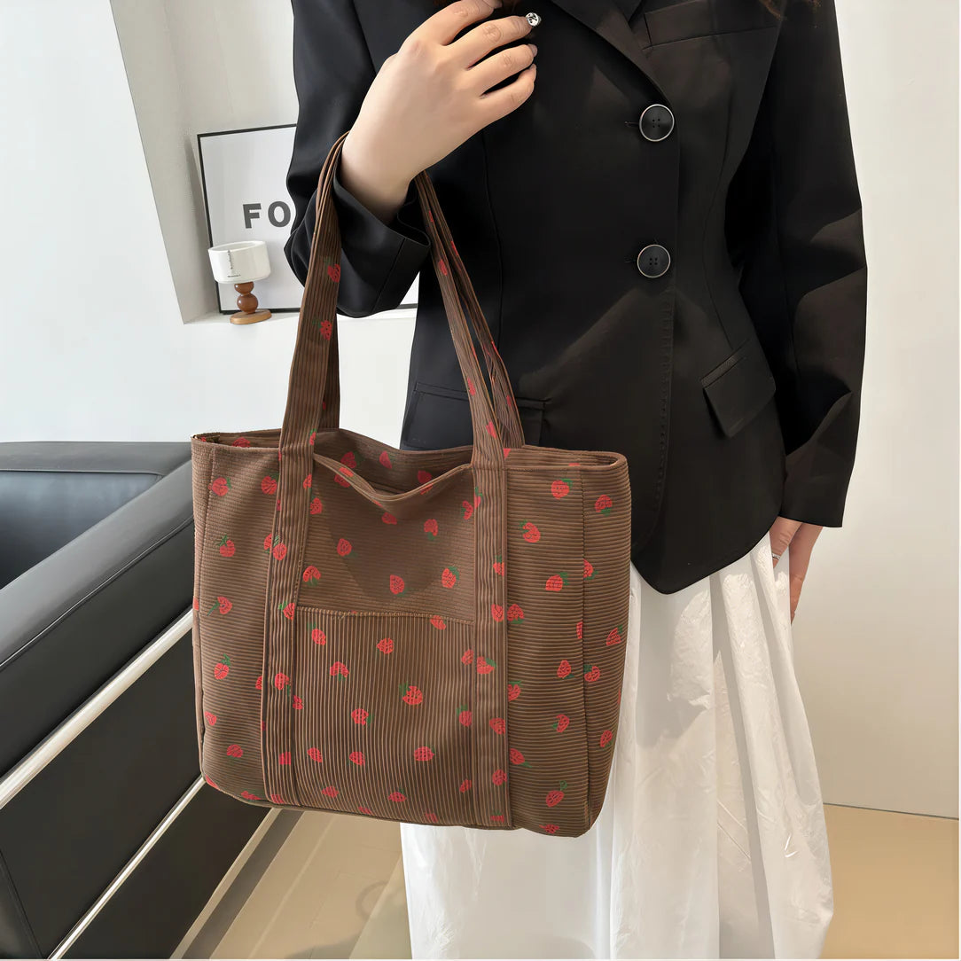 Sac fraise en velours côtelé marron avec motif de cœur rouge, Sac fraise tendance