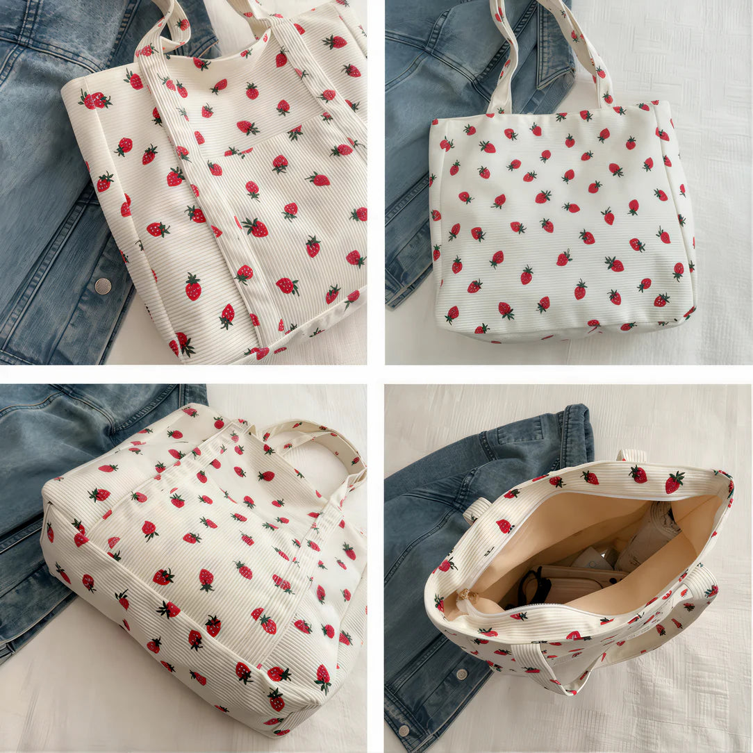 Sac fraise en velours côtelé avec motif fraise pour un look tendance