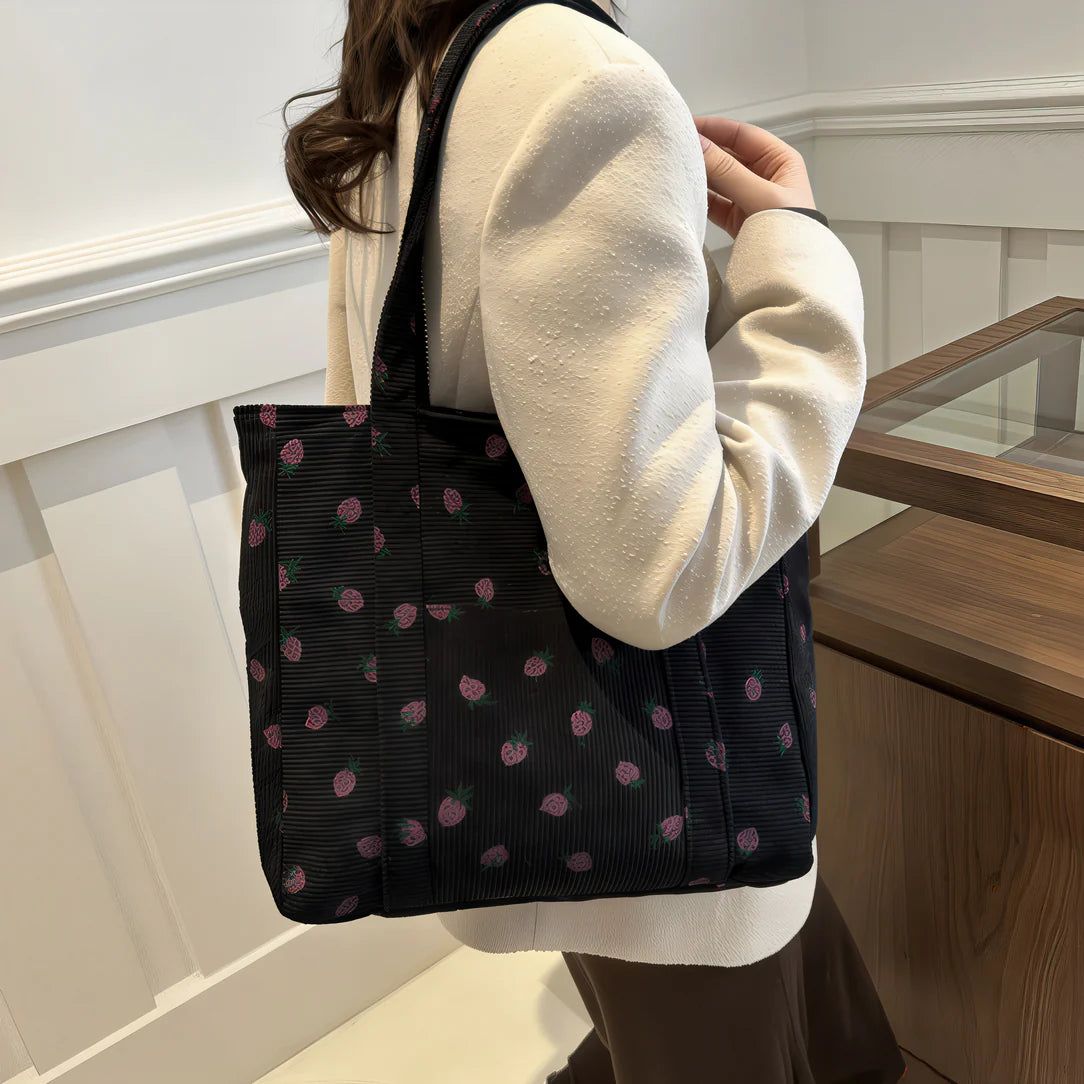 Sac fraise en velours côtelé noir avec motif fraise rose, Sac fraise Le Frazzy