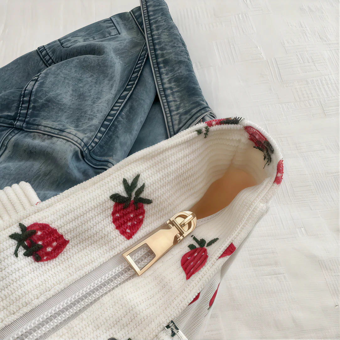 Sac fraise en velours côtelé blanc avec motif fraise et fermeture éclair or