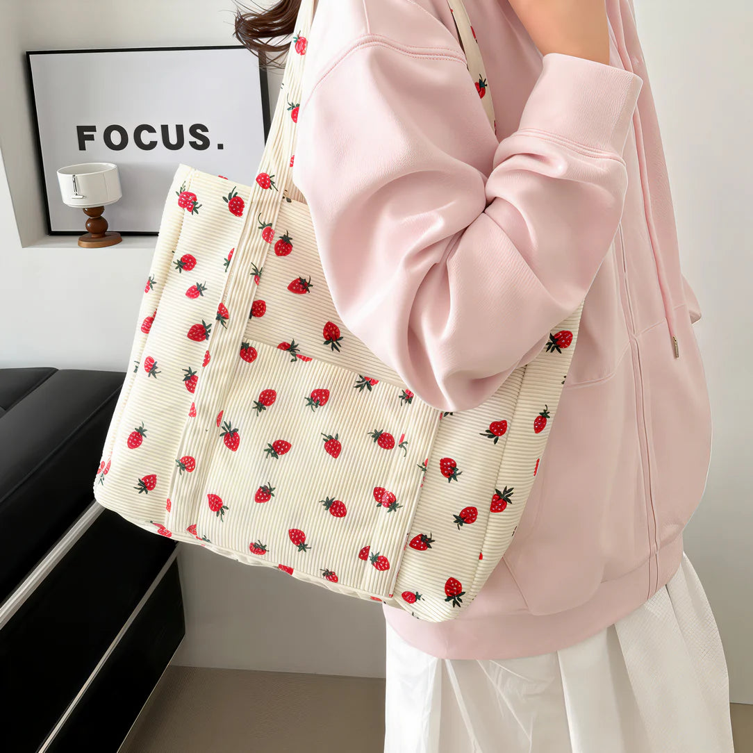 Sac fraise en velours côtelé avec motif fraises pour un style tendance