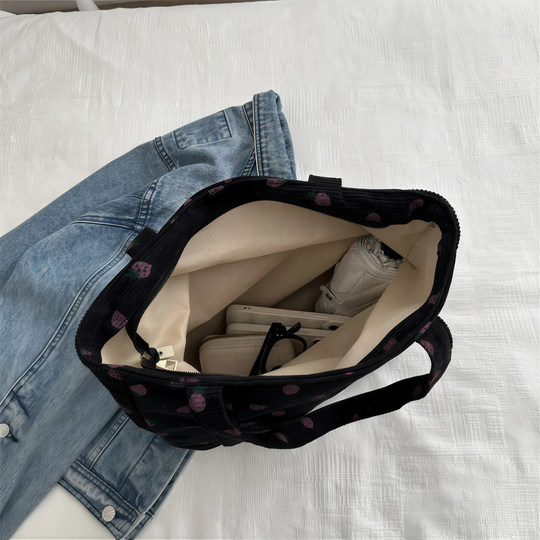 Sac fraise en velours côtelé noir avec motif fraises, Sac Fraise Le Frazzy