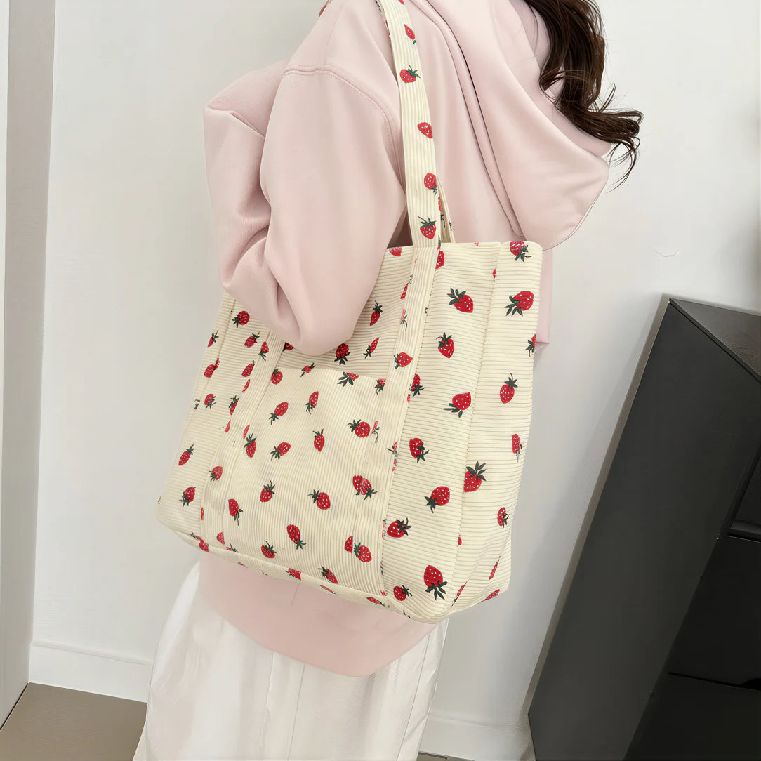 Sac fraise en velours côtelé à motif fraises pour un style tendance