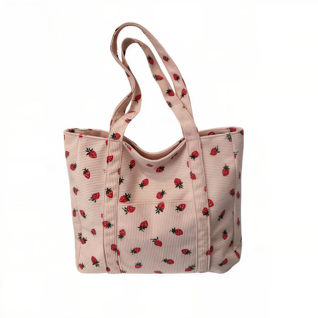 Sac fraise en velours côtelé avec motif fraise, parfait pour un style tendance