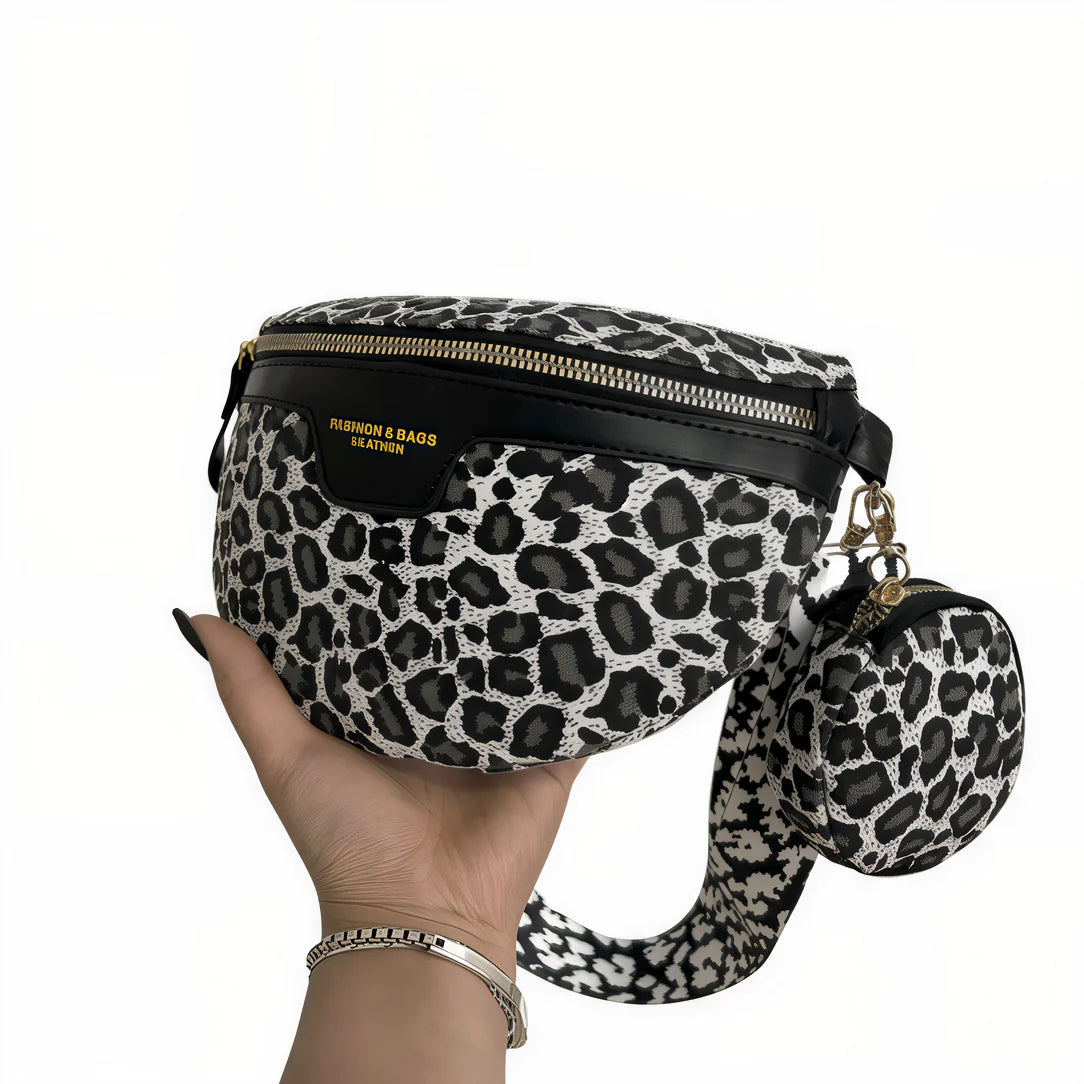 Sac léopard en cuir fashion avec ceinture fanny pack et porte-monnaie attaché