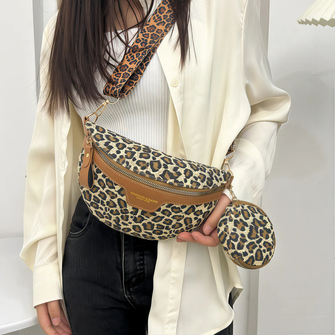 Sac léopard en cuir fashion avec sacoche et portefeuille en motif animal print