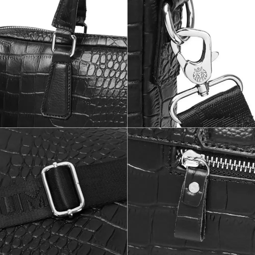 Détails du sacoche ordinateur croco en cuir noir avec motif crocodile pour ordinateur portable