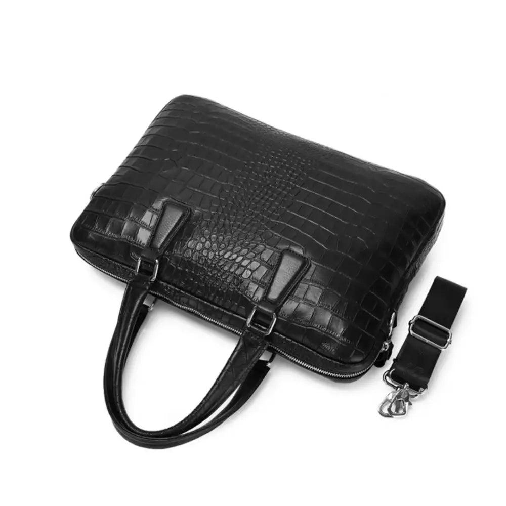 Sacoche ordinateur croco Drayno en cuir noir avec bandoulière, idéal pour ordinateur portable