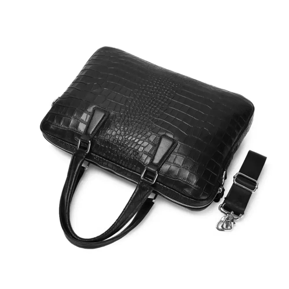 Sacoche ordinateur croco en cuir noir avec bandoulière, idéale pour ordinateur portable
