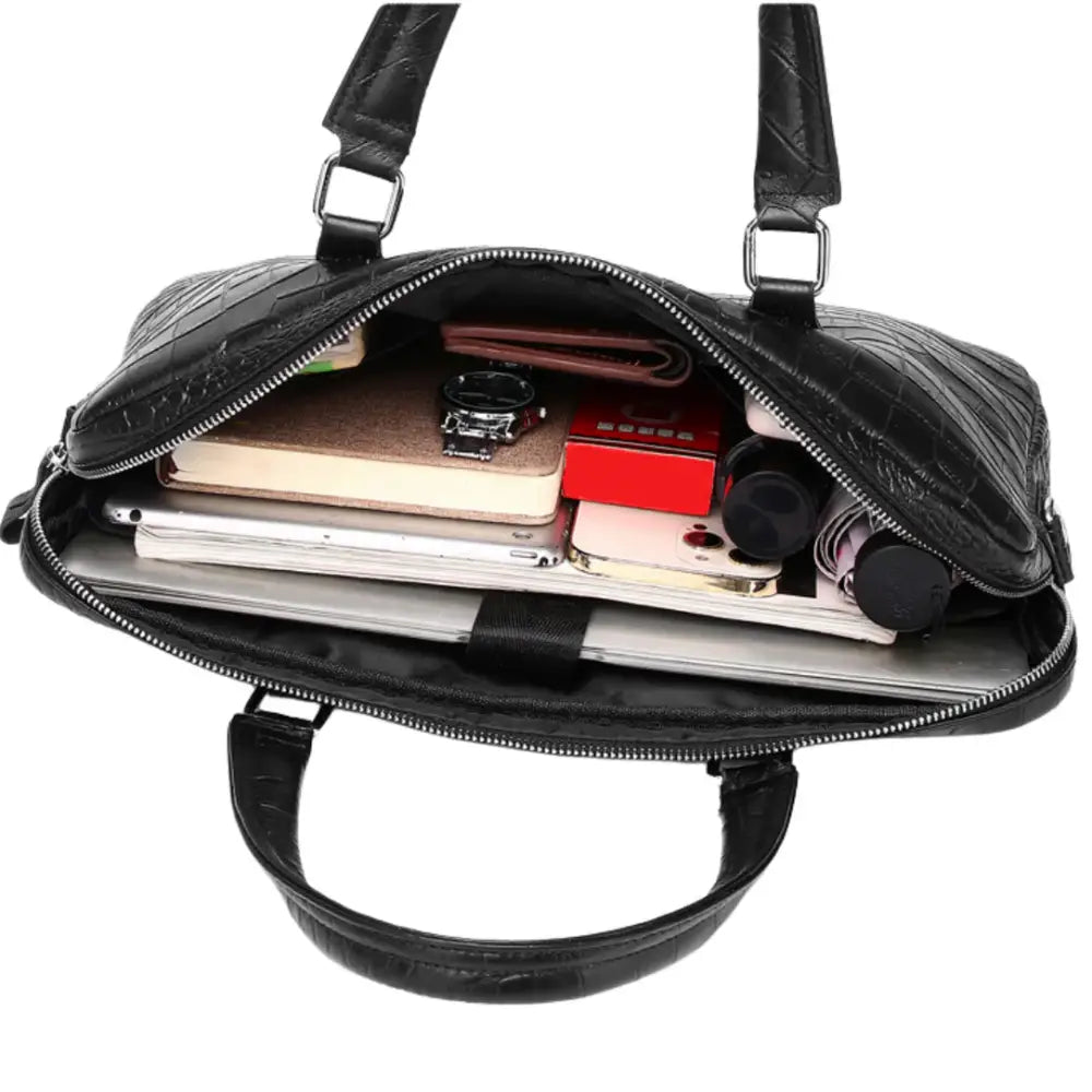SACOCHE ORDINATEUR CROCO - Drayno, sacoche ordinateur en cuir noir pour ordinateur portable