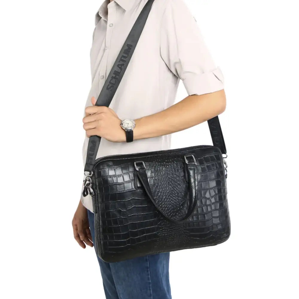 Sacoche ordinateur croco en cuir noir, idéale pour ordinateur portable élégant